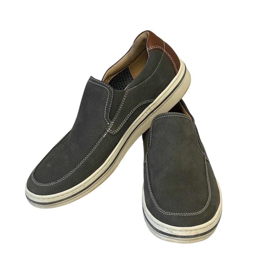 Johnston & Murphy Bowling Moc Venetian slip on gray embossed nubuck brown heel